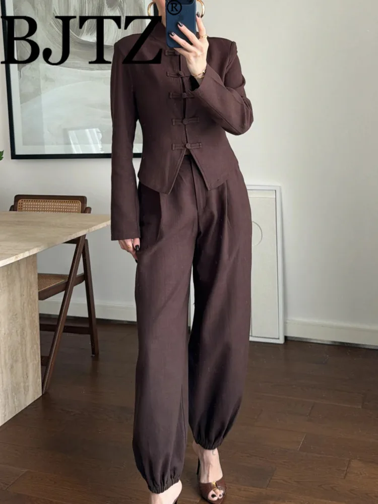 

BJTZ 2026 Spring Summer Women Two Piece Set Frog Button Mandarin Collar Blazer High Waist Pants Elegant Casual Daily Outfit