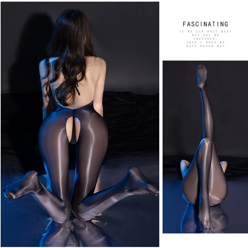 新しいセクシーな光沢のあるオープンクロッチディープ V ネックボディスーツオイル光沢のある薄手のシースルータイツ背中の開いたワンピースボディストッキングレオタード