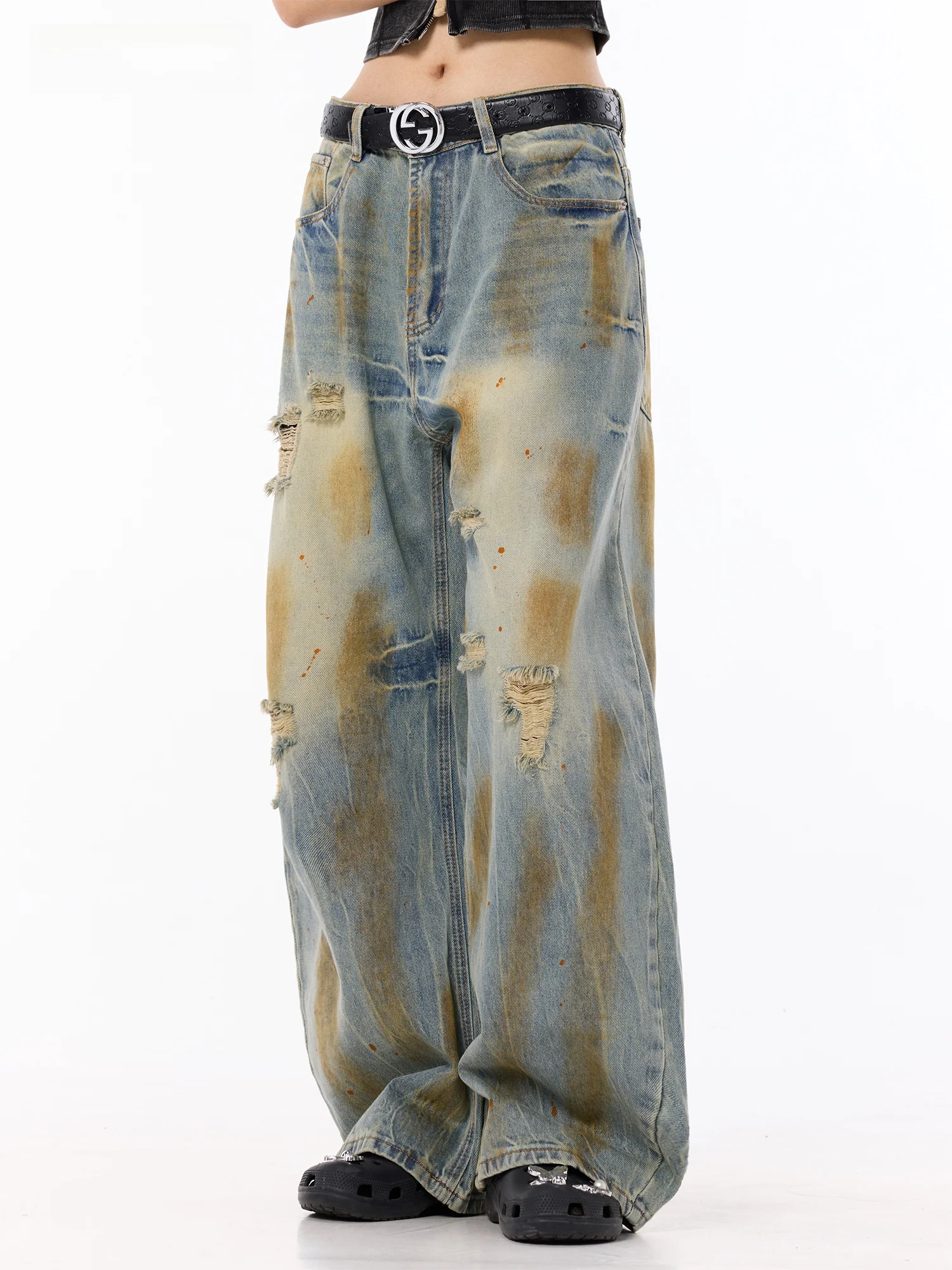 Summer Thin Vintage Ripped Straight Leg Wide Leg Loose Jeans Worn out Casual Cotton Soft Comfortable Breathable Ladies Jeans