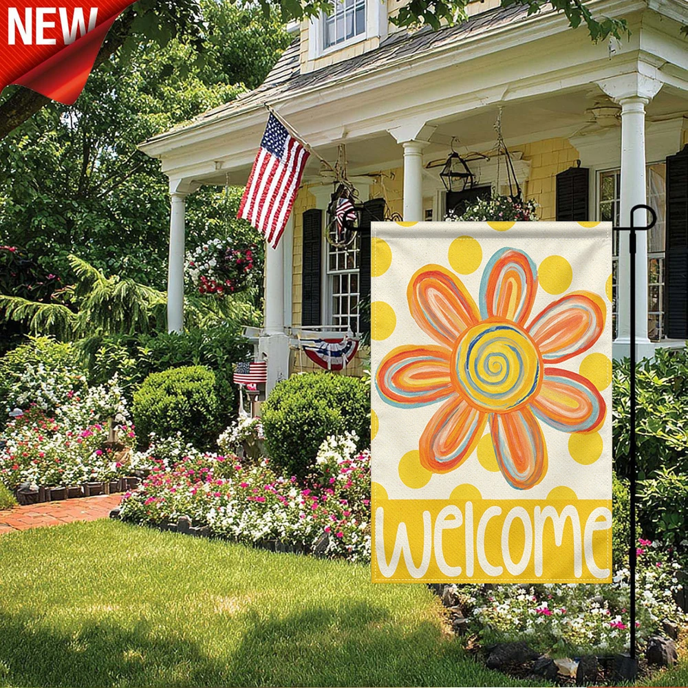 

1PC, Welcome Floral Garden Flag Colorful Swirl Daisy Polka Dot Print Outdoor Welcome Flag Double Sided Decorative Yard Flag for Spring Summer Patio Lawn Porch Farmhouse Outside Home Decor Seasonal Holiday Outdoor Decorations