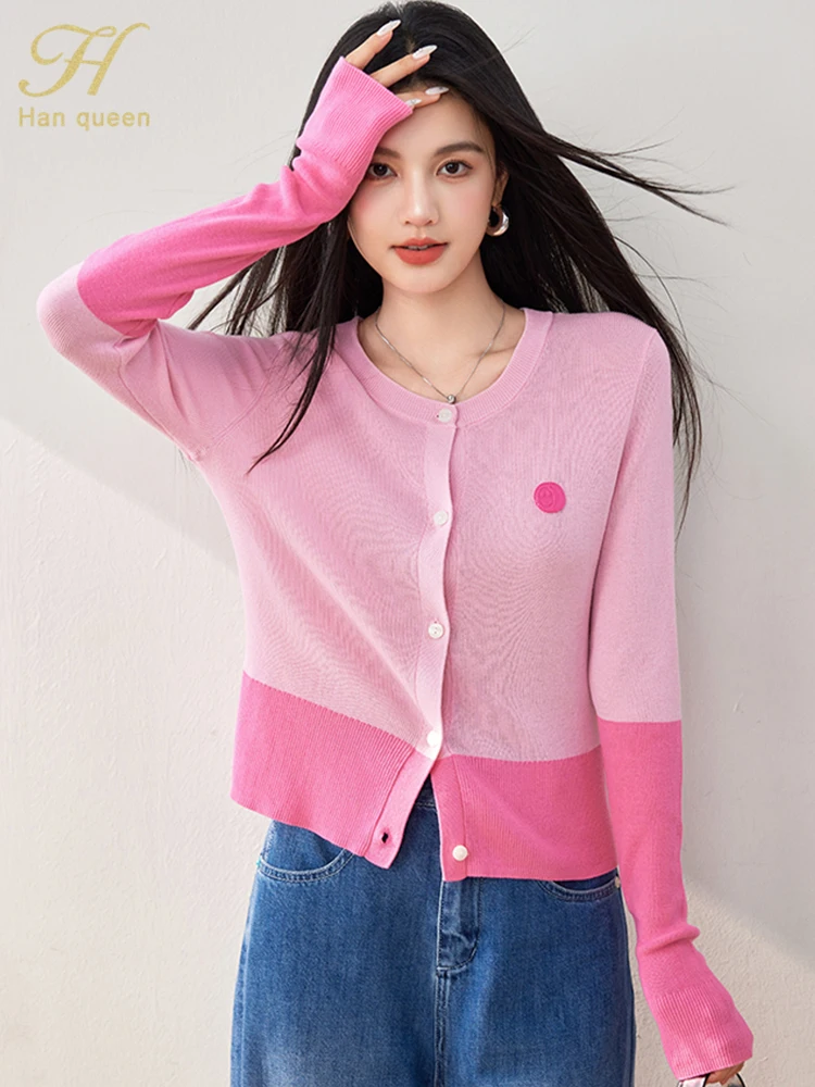 H Han Queen 2024 Autumn Knitted Cardigan Sweater For Women Tops Simple Basic Casual Korean Long Sleeve Vintage Knitwear Coats