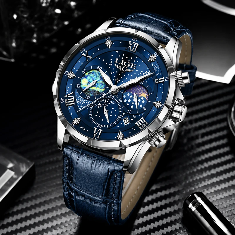 LIGE New Men's Waterproof Watches Fashion Military Sports Leather Watch for Men Casual Luminous Quartz Chronograph Male Clock