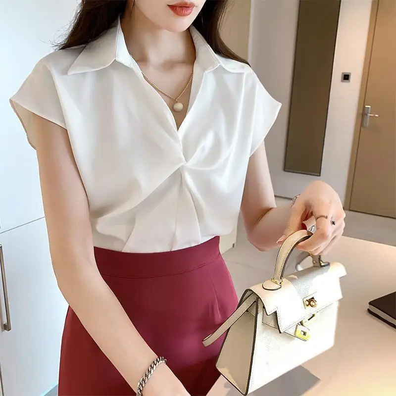 Temperament Pleated Shirt Tops Summer New Polo Neck Short Sleeve Loose Solid Color Youth Blouse Office Fashion Women Clothing