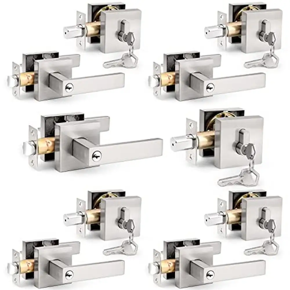 Heavy Duty Square Entry Lever Set with Double Cylinder Deadbolt Combo Pack Satin Nickel Keyed Alike Locksets Office Reversible