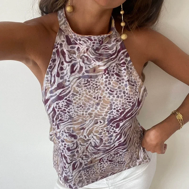 

Women Y2k Graphic Print Halter Tank Top Summer Sleeveless Going Out Crop Tops Boho Sexy Backless Vacation Beach Camisoles Vest