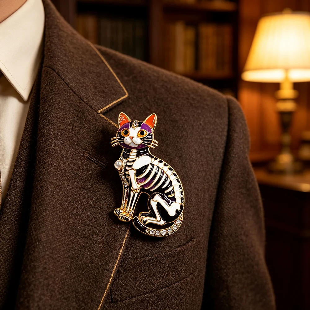 Halloween Skeleton Cat Enamel Brooch, Crystal Rhinestone Gothic Cat Lapel Pin, Day of the Dead Costume Jewelry Brooch Gift