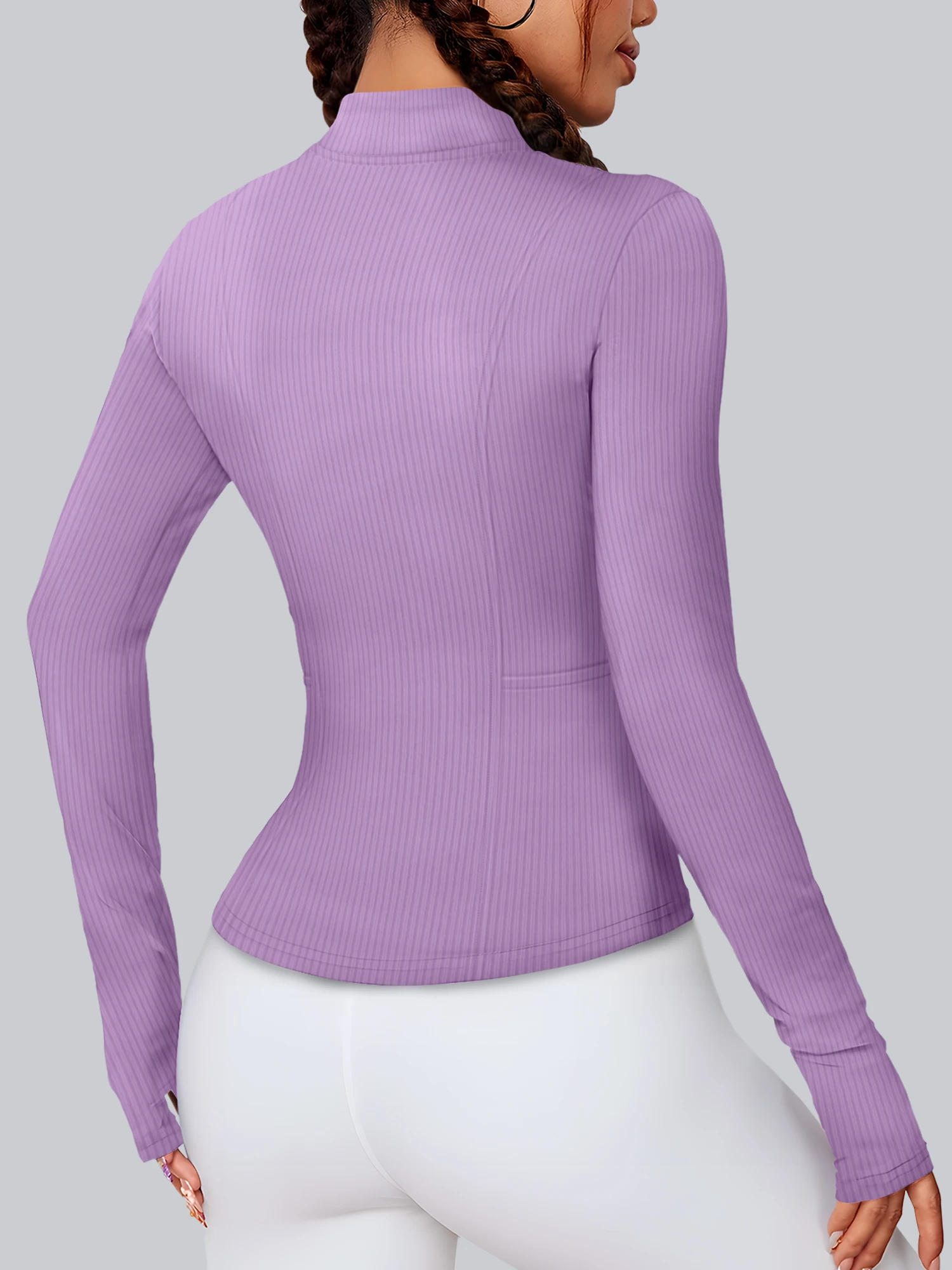 Spring Autumn Ladies Zip Up Cropped Yoga Jacket Ribbed Long Sleeve Thumb Hole Bodycon Fitness Training Top