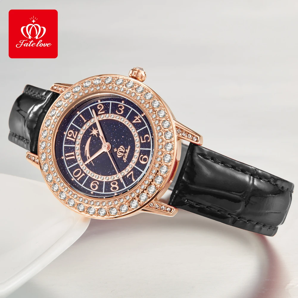 Fatelove-女性のためのエレガントなクォーツ時計,防水,発光,ダイヤモンドのベゼル,革のストラップ,星空のダイヤル,ファッション,827