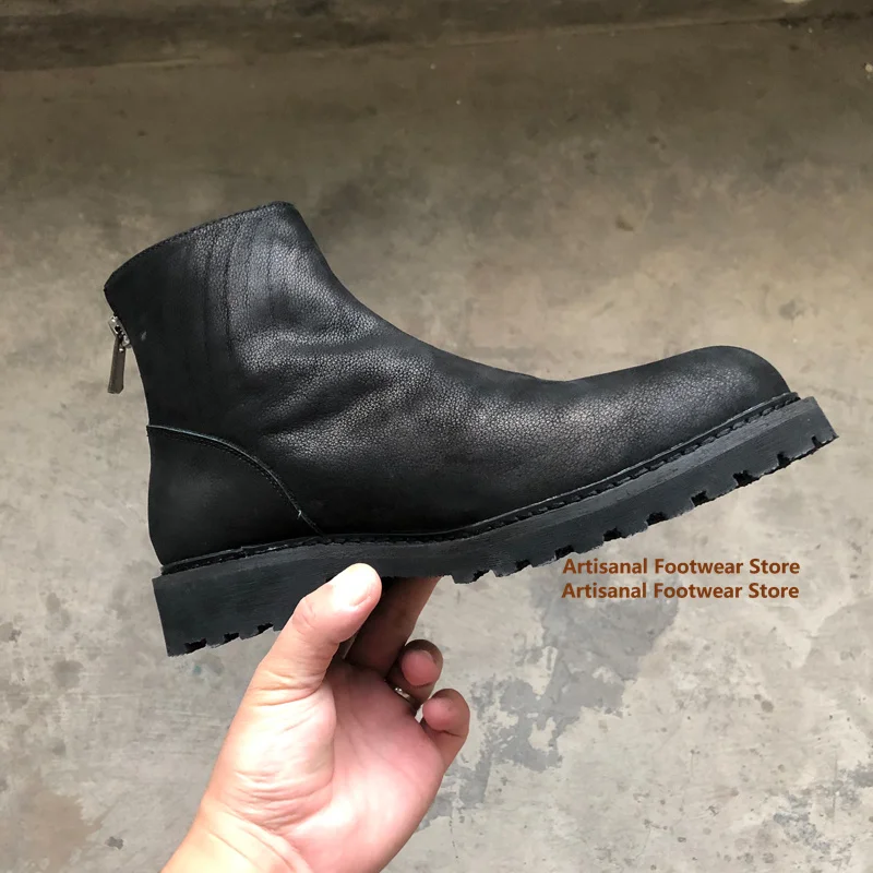 

Thick-Soled Black Leather Chelsea Boots Men's High-Top Back Zip British Style Trendy Handmade Cowhide Men's Shoes Botas Mujer