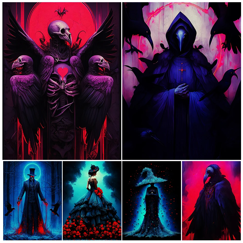 Plague Doctor And Dark Witch,Abstract Wall Art Canvas Painting,Creepy Dark Pagan Witchcraft Aesthetics Art Poster Print Decor