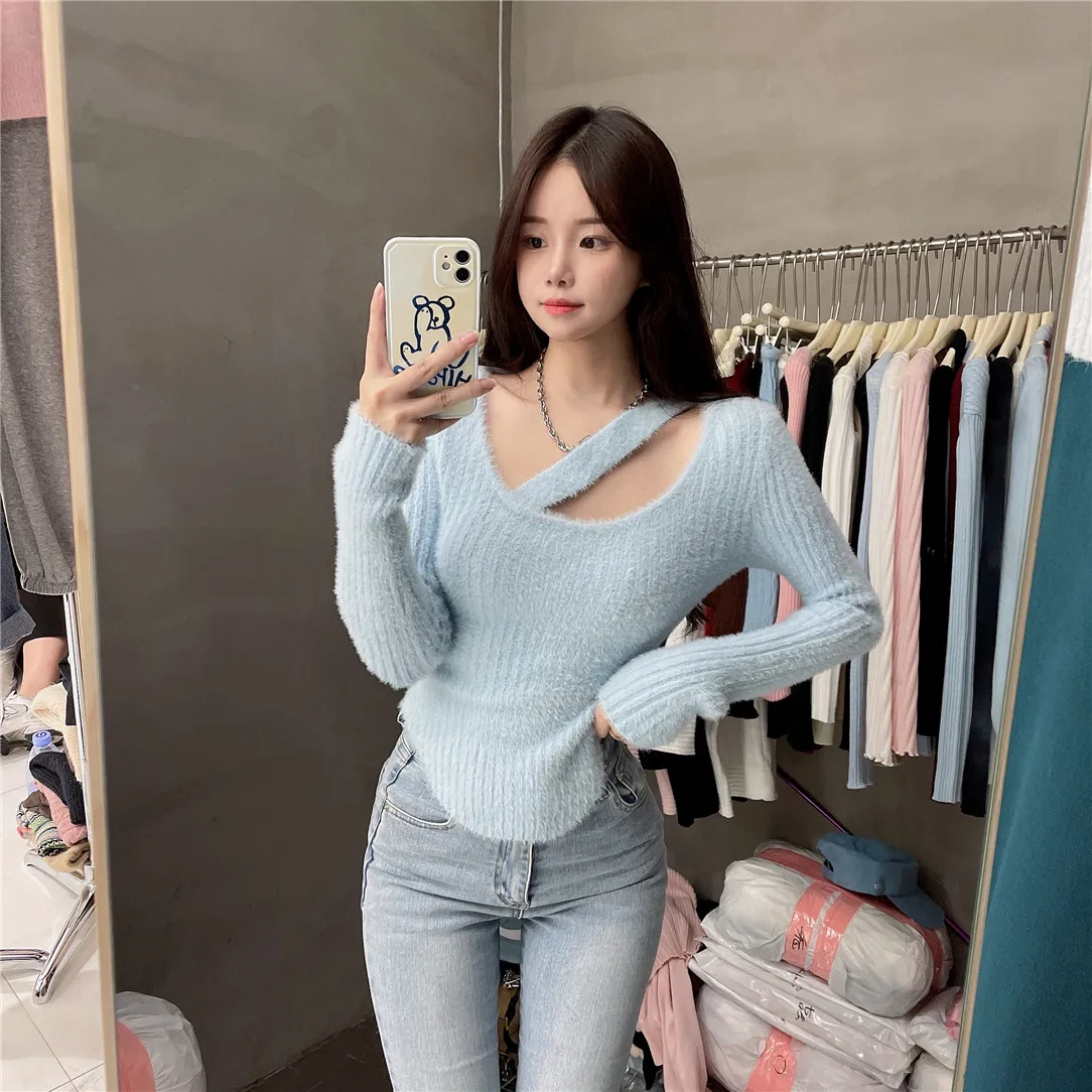 Sexy Street Sle Pure Desire con spalle scoperte Maglione lavorato a maglia Strato base casual Top slim fit per ragazze alla moda Fibra di poliestere