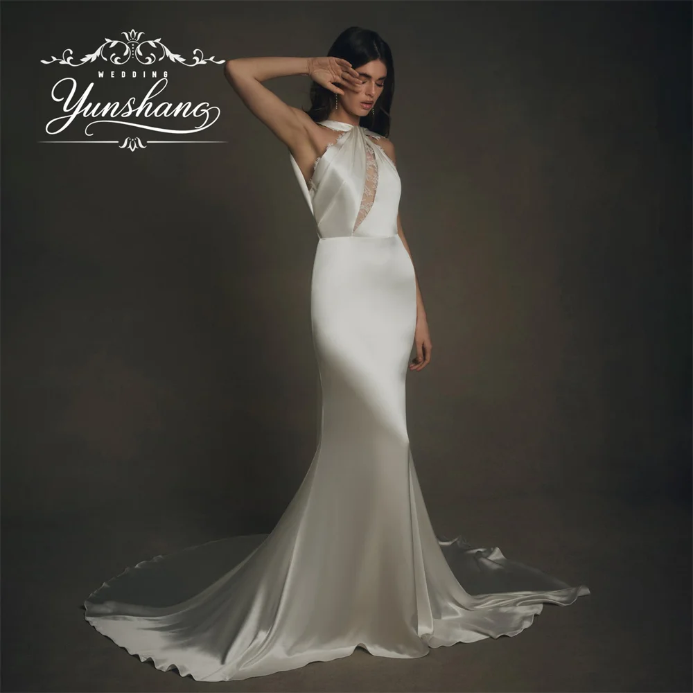 YunShang Customized Lace Mermaid Wedding Dress Backless Spaghetti Strap Embroidery 2025 Elegant Vintage Sweep Train Floor Length