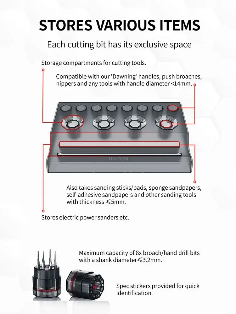 DSPIAE PT-PR PT-R Magnetische gereedschapsopbergdoos, gereedschapshouder, snijbitcompartiment, rood, geel, blauw, groen, montagemodel gereedschap