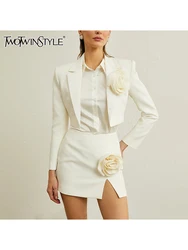 TWOTWINSTYLE Solid high street Two Piece Set For Women Lapel Long Sleeve Spliced Appliques Coats High Waist  Skirt Set Female