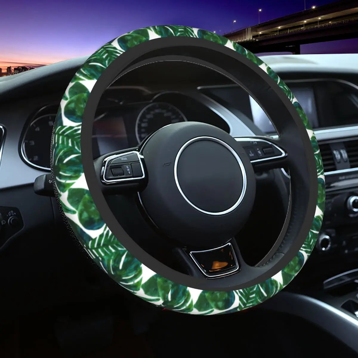 37-38 Car Steering Wheel Cover Tropical Jungle Palm Universal Monstera Braid On The Steering Wheel Cover Auto Car Accessories