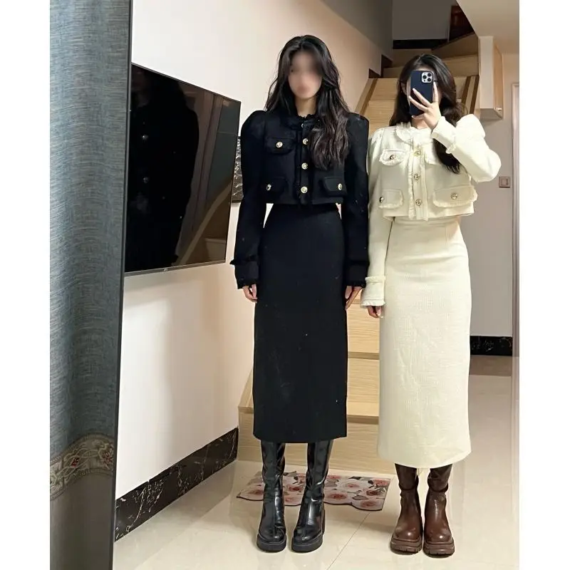 Autumn and Winter French Style Short Top Jacket Hip Hugging Skirt Two-piece Set Fashionable Women's Skirt Set Casual Outfits