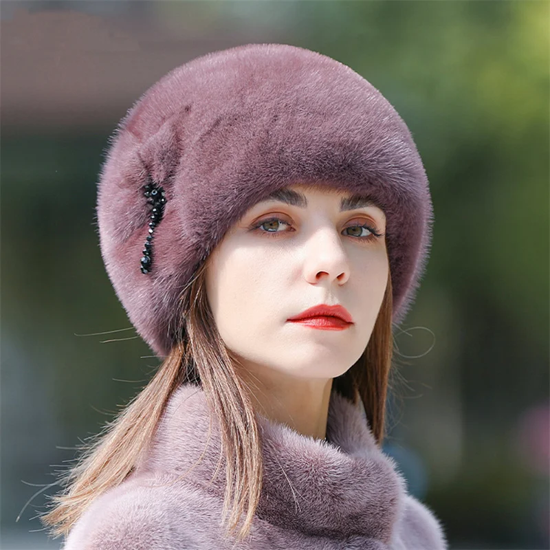 New Russian Women\'s Fur Ski Cap Winter Warm Mink Cap Luxury Hat Female Ear Cap Fishermen Warm Ear Cap Flower Basin Cap