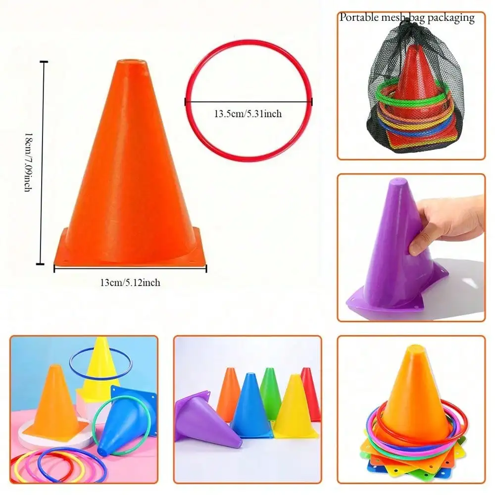 Ring Toss Game Kit, Includes 6 Colorful Cones + 10 Plastic Throwing Rings + 1 Mesh Storage Bag, Indoor & Outdoor Carnival Toss Toy, Family Backyard Party Game, Kids Educational Sensory Training Toy, Birthday & Festival Party Supplies