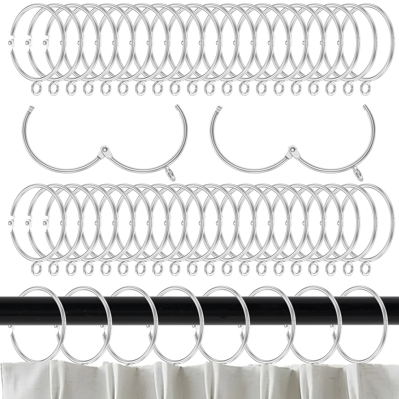 100/50Pcs Metal Curtain Ring with Eyelet 1.5/1.77/1.97 Inch Inner Shower Curtain Ring Openable/No Openable Curtains Holder Hooks