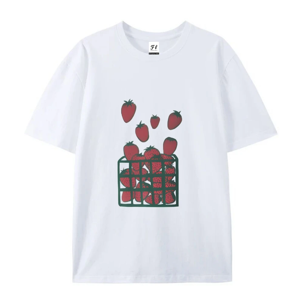 T-shirt panier de fraises t-shirt blanc mignon imprimé fraise rouge décontracté ample à manches courtes fruité été haut confortable