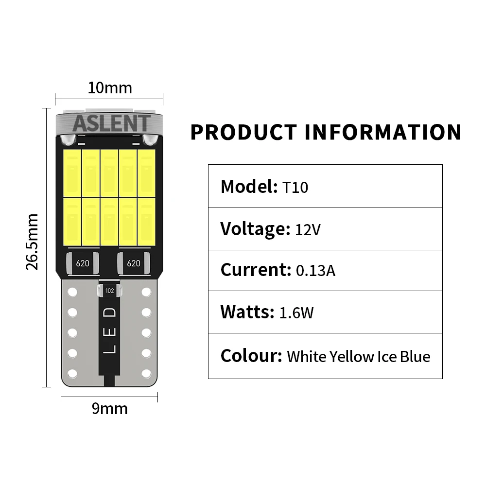 ASLENT 10x W5W T10 Led Bulbs Canbus 4014 26SMD 6000K 168 194 Led 5w5 Car Interior Dome Reading License Plate Light Signal Lamp