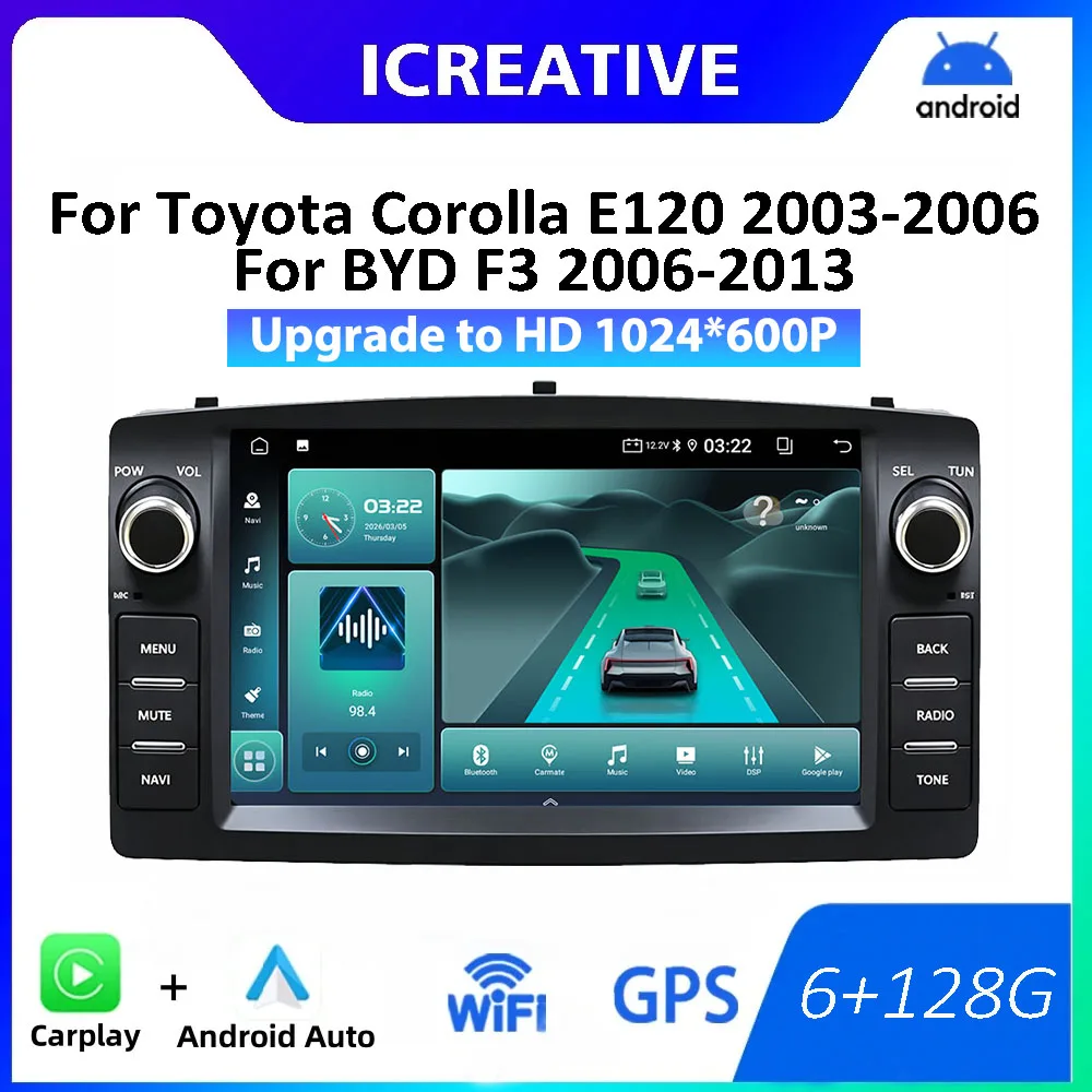 Android Auto Radio For Toyota Corolla E120 2003-2006 BYD F3 Multimedia Player GPS Navigation Stereo Wireless Carplay 2 Din Unit