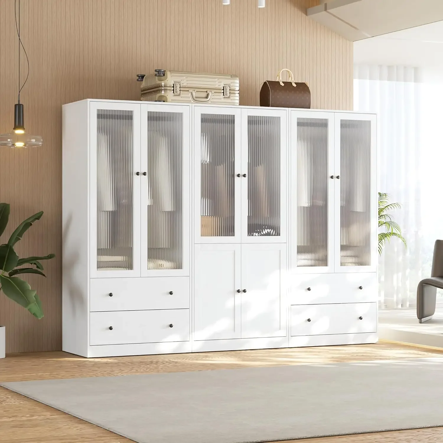 20 D Armoire Wardrobe Closet with Fluted Glass 71 H Clothing Storage Cabinet with Hanging Rod 4 Soft Close Doors Wooden