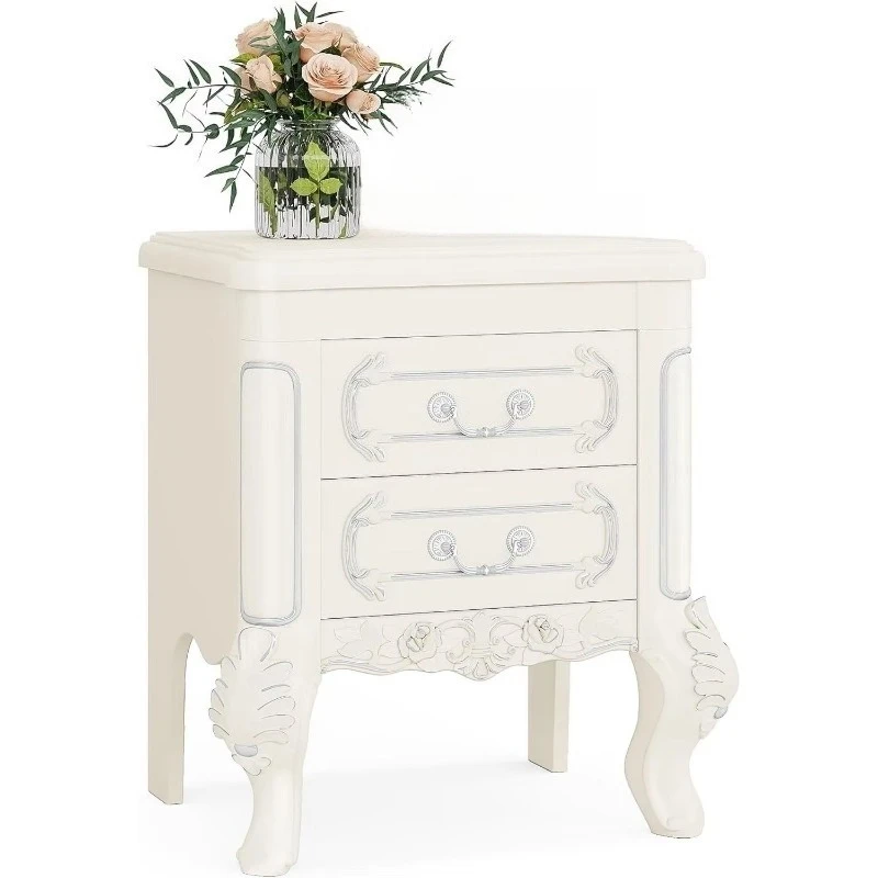Classic white bedside table with storage: a soft creamy white finish combined with a delicate wood carving pattern
