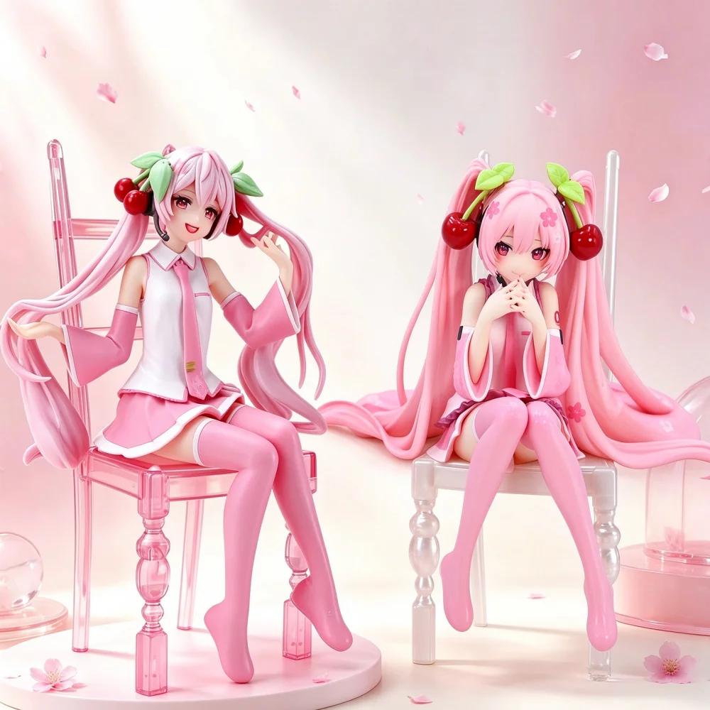 Japanese Anime Seated Posture Pink Hatsune Miku Figure Character Ornaments Kawaii Car Decoration Collectible Model Gift