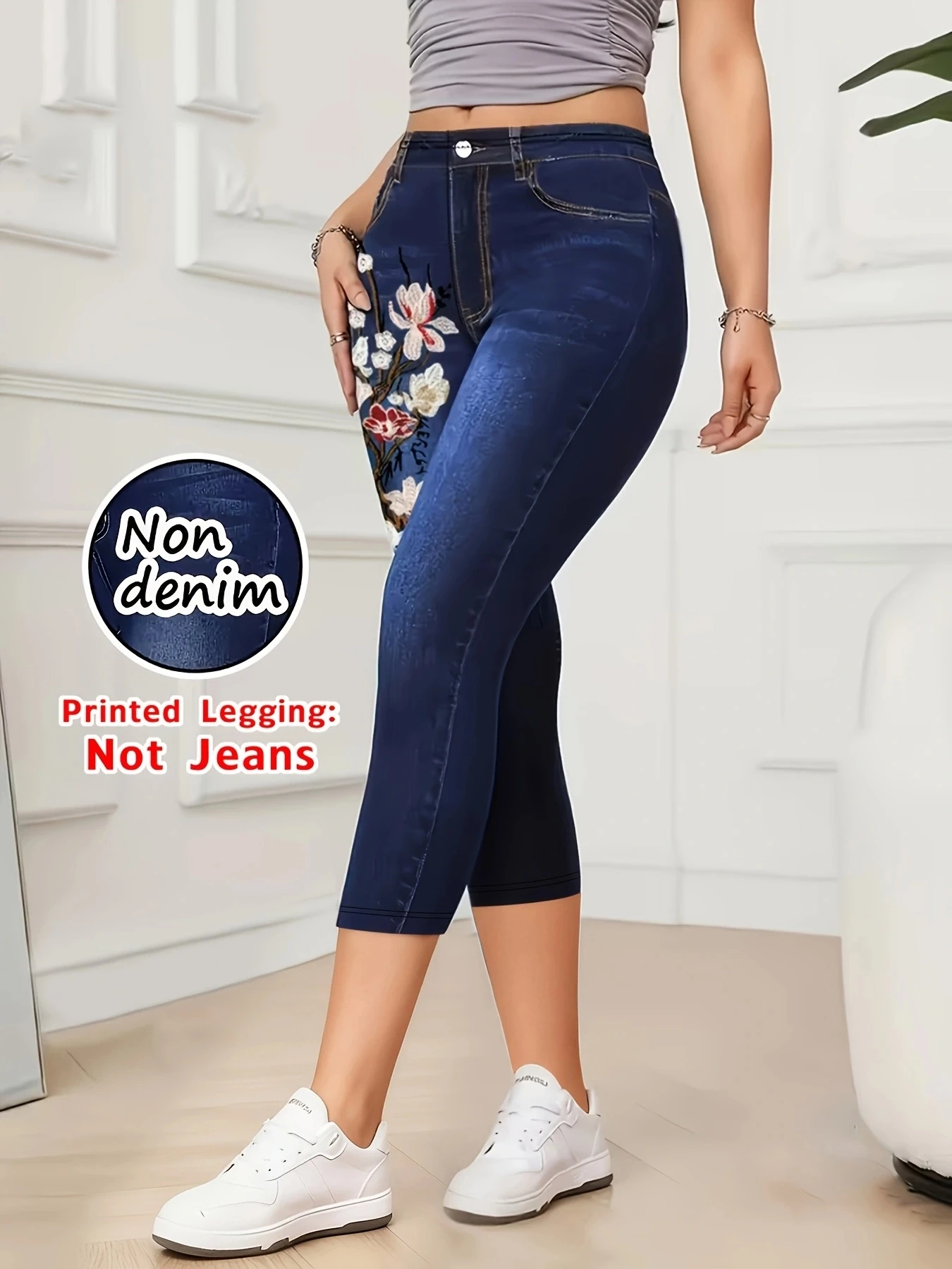 Printed Leggings, Not Denim Fabric, Fake Pocket & Button Print Capri Pants, High‑Stretch New Fashion Skinny Pants