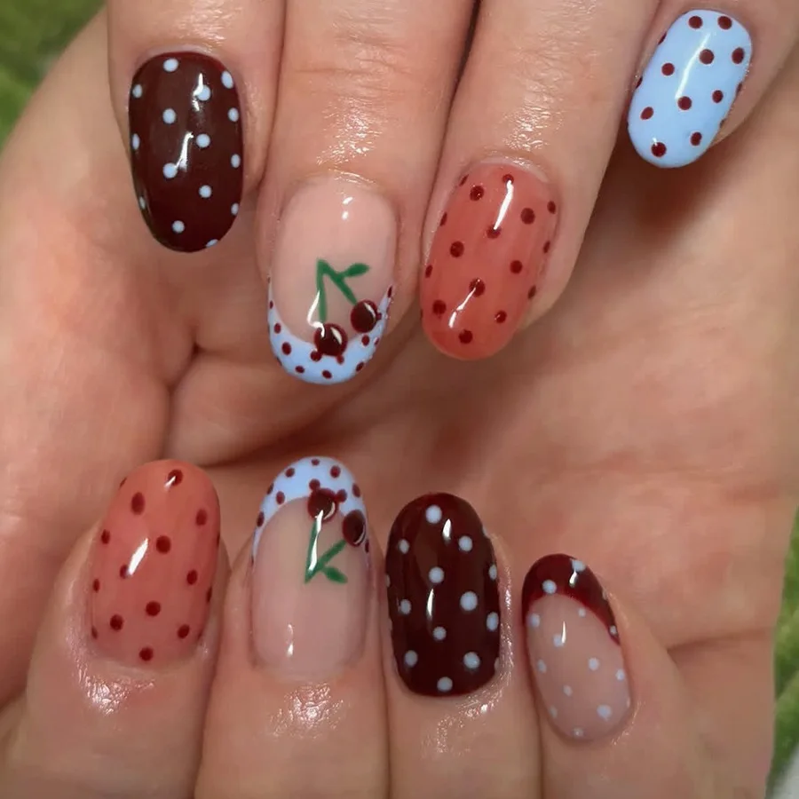 24pcs Short Almond Fake Nails For Autumn Winter Wine-red Wave Point Cute Cherry Designs Press On Nails Blue French False Nail