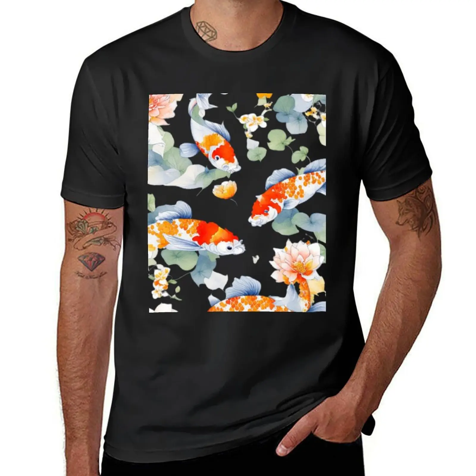 

Koi Fish Flowers: Detailed Watercolor Vector Art T-Shirt animal prinfor boys anime clothes tees mens clothing