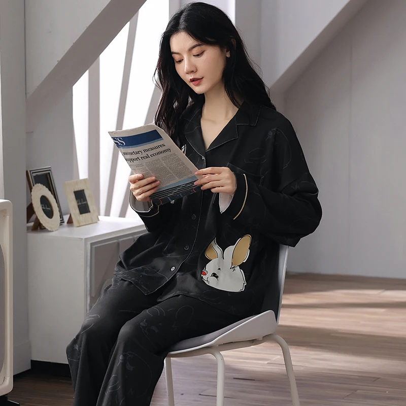 Black all cotton cardigan lapel pajama cartoon pattern women's casual home clothing spring autumn and winter