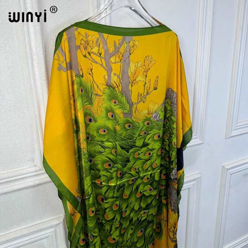 WINYI maxi summer dresses sexy african women dress Peacock print beach wear evening dress Femme kaftan Muslim beach cover ups