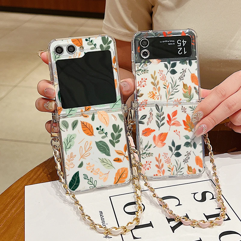 Colorful Leaves Print Metal Lanyard Case For Samsung Galaxy Z Flip5 Flip6 Flip4 Flip3 Flip 6 5 4 3 5G Clear Soft TPU Phone Cover