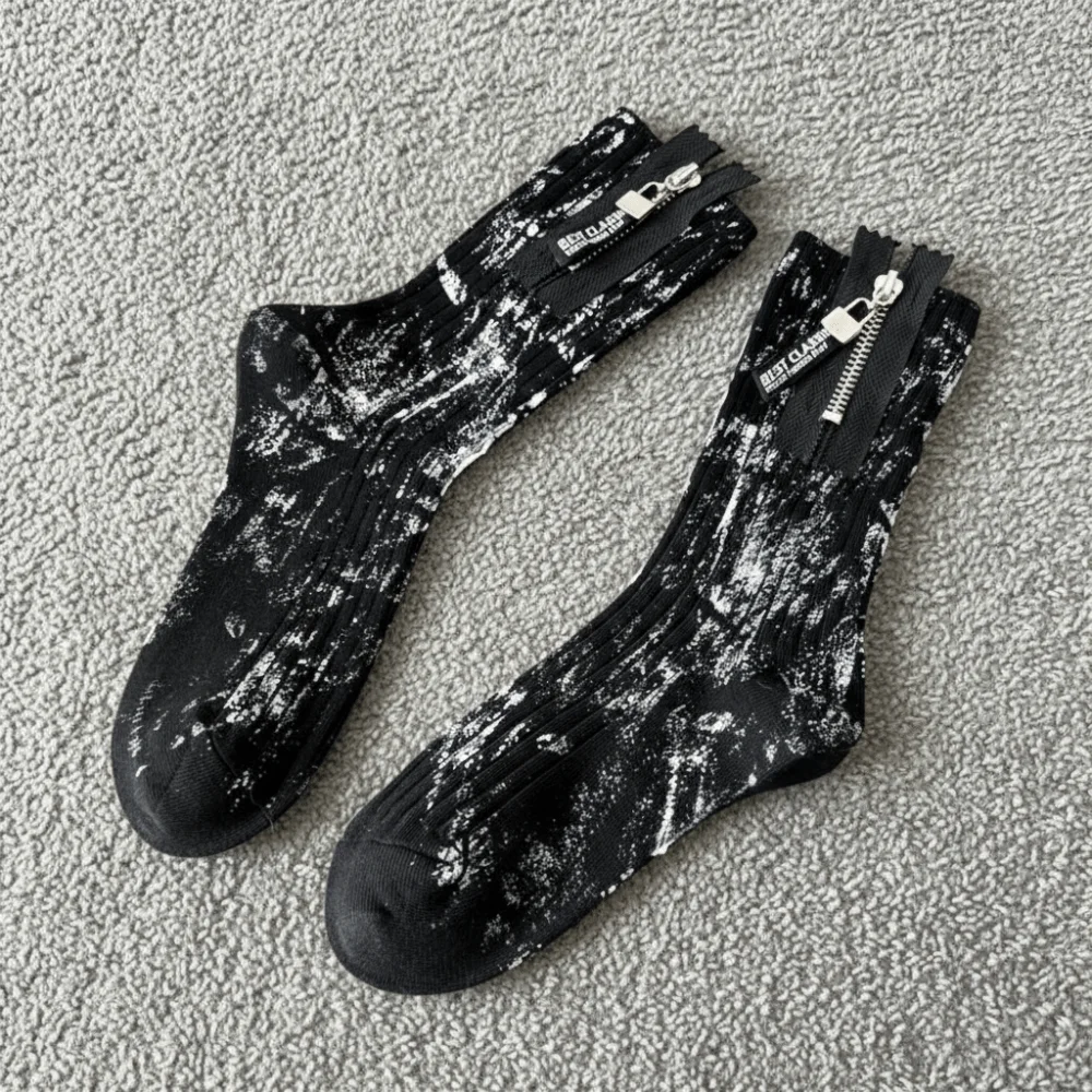Trendy Heavy Industry Metal Zipper Socks Spray Paint Splash Ink Punk Mid-Calf Socks Unique Mid Tube Socks For Men Women