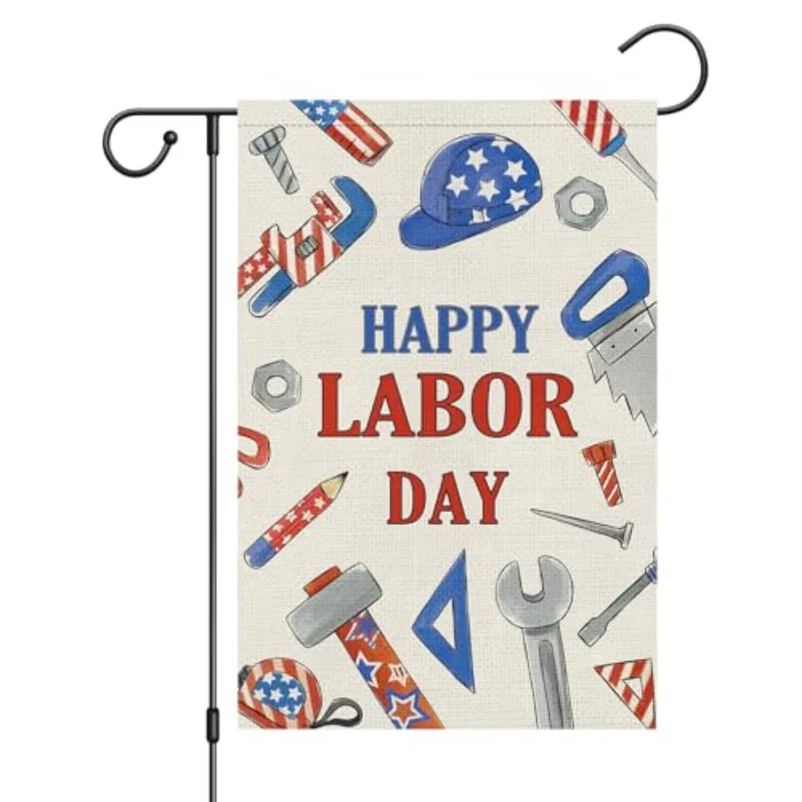 Happy Labor Day Garden Flag 12x18 Inch Double Sided for Outside, Small Burlap Tools Labor Day Flag USA Labor Day Yard Outdoor D