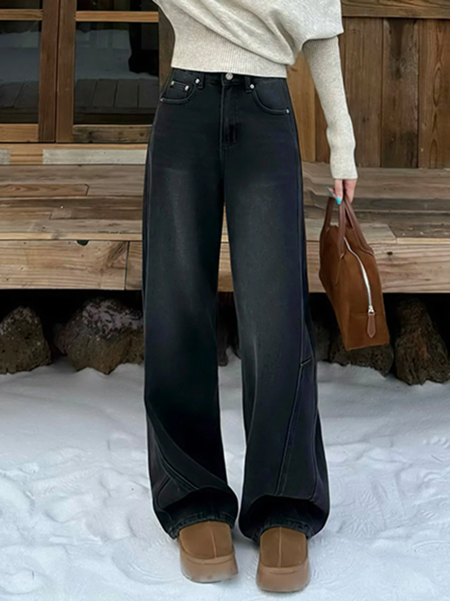 

High Waist Fleece Lined Thick Wide Leg Jeans Women's Casual Loose Slimming Straight Cut Pants Autumn Winter New Style Black