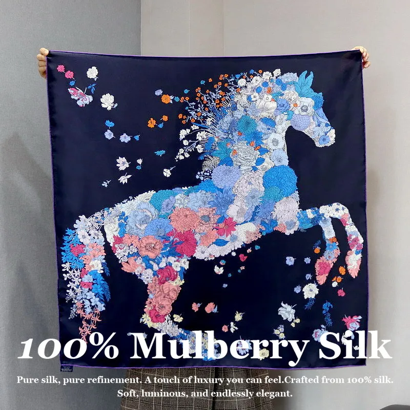 

Новый 100% натуральный шелковый платок 90 см, квадратная шаль из тутового шелка для женщин, люксовый дизайнерский брендовый фулярд с принтом лошади, хиджаб 2026