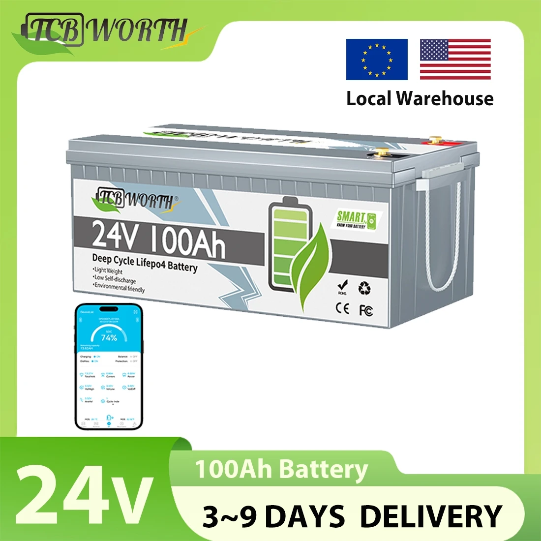 

TCBWORTH 24 В 100 Ач Bluetooth Lifepo4 Встроенный аккумулятор 100 А BMS, до 7000 циклов, для домашнего хранения энергии, морской, автофургона, солнечной системы