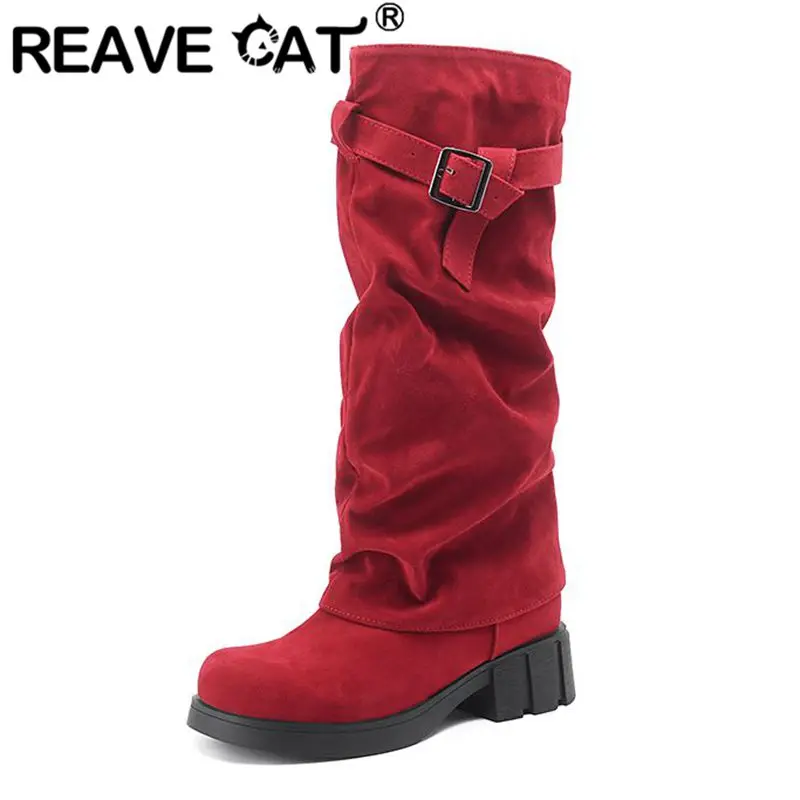 

REAVE CAT, замшевые женские высокие сапоги из флока, ботильоны без шнуровки на платформе с круглым носком, толстом каблуке 4,5 см, размер 42, 43