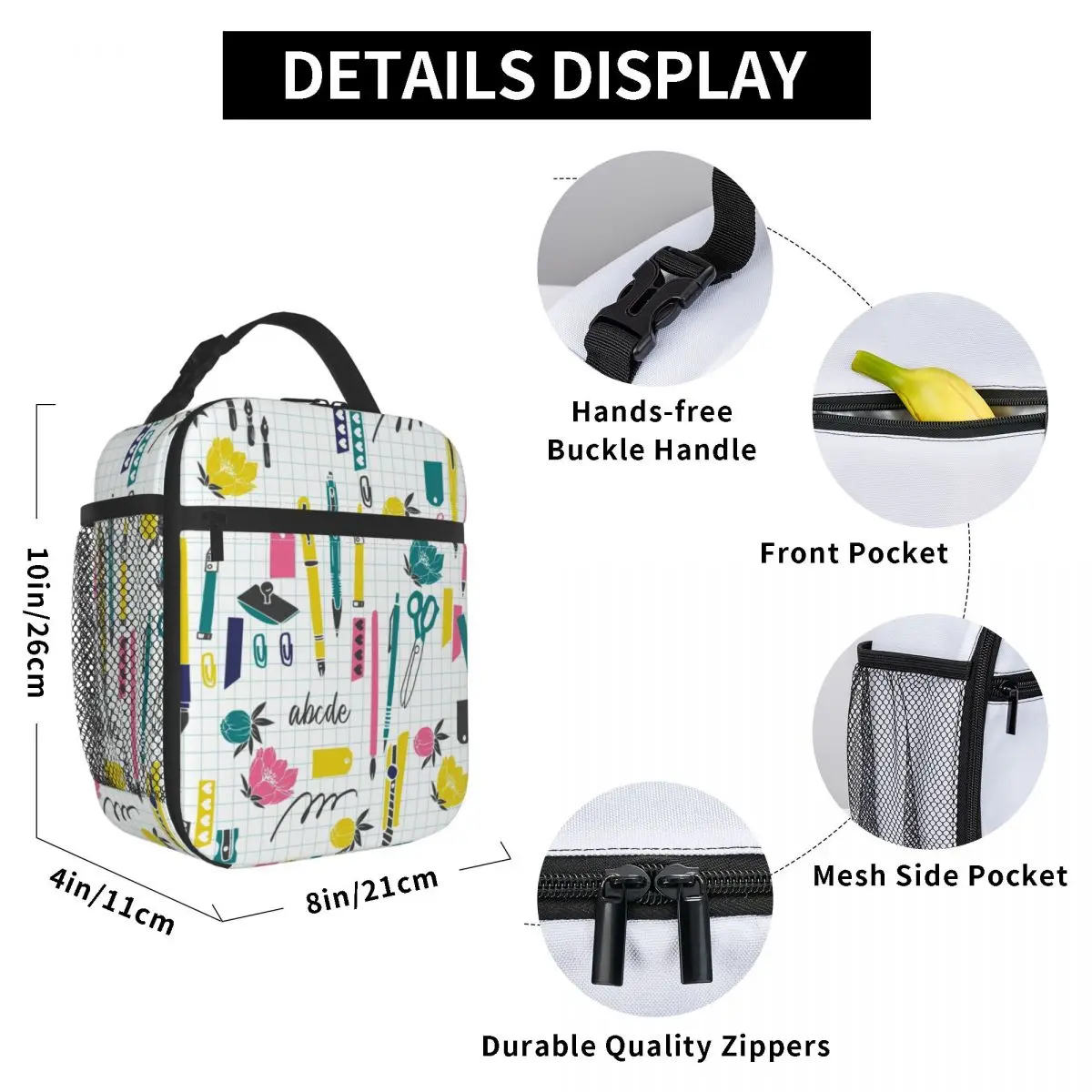 Back To School Pattern Teacher Rulers Pencils Insulated Lunch Tote Bag for Women Resuable Thermal Cooler Food Lunch Box School