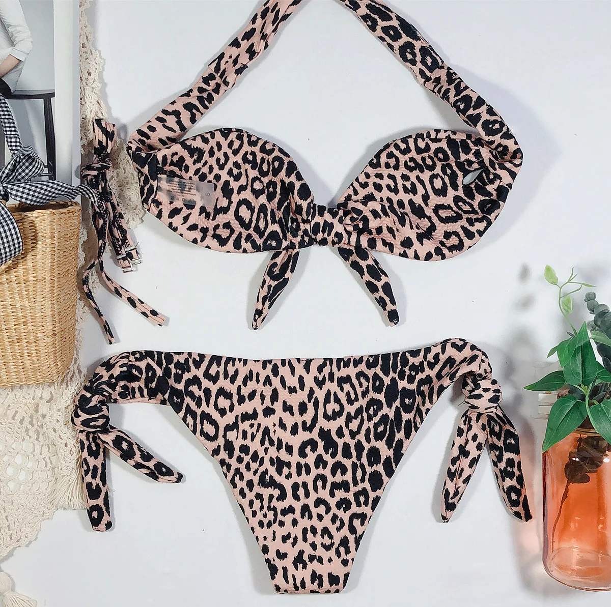 2024 Sexy Bikini Bandeau Women Dot Leopard Bowknot Swimwear Swimsuit Female Beach Bikinis Set Bathing Suit Trajes De Bano Mujer