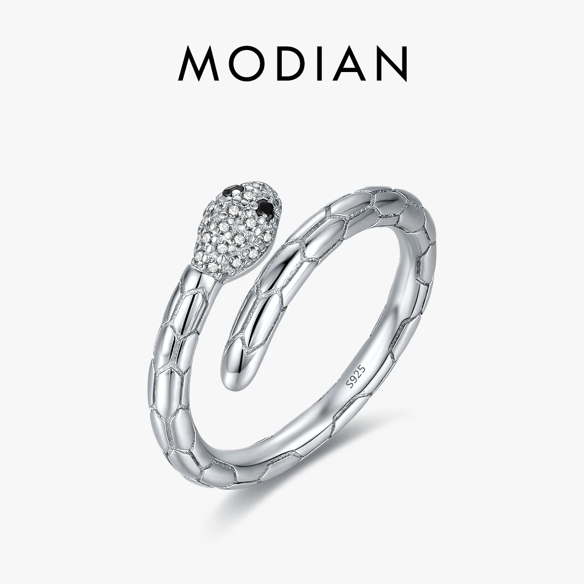 

MODIAN 925 Sterling Silver Platinum Plated Adjustable Snake Ring Trendy Black Zircon Vintage Textures Jewelry For Women Gifts