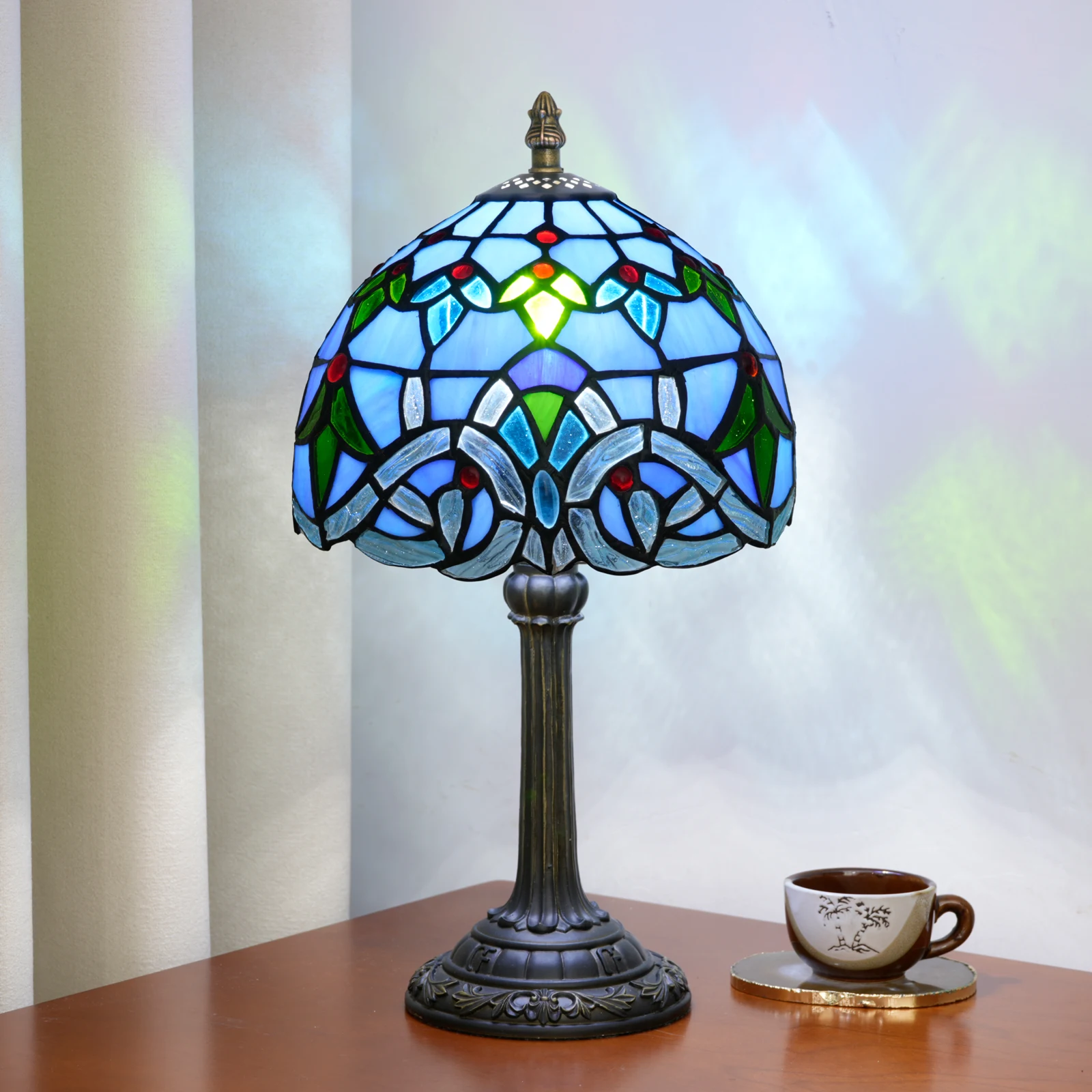 Tiffany Table Lamp,Blue Baroque Stained Glass Lamp,8 Inch desk Lamp for Bedroom Living Room Home, Handcrafted Decor Light