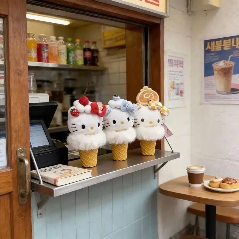 

Плюшевая игрушка-брелок Sanrio Hello Kitty в виде мороженого на вафельной трубочке, около 13 см, для сумок и сумок через плечо, подвесное украшение