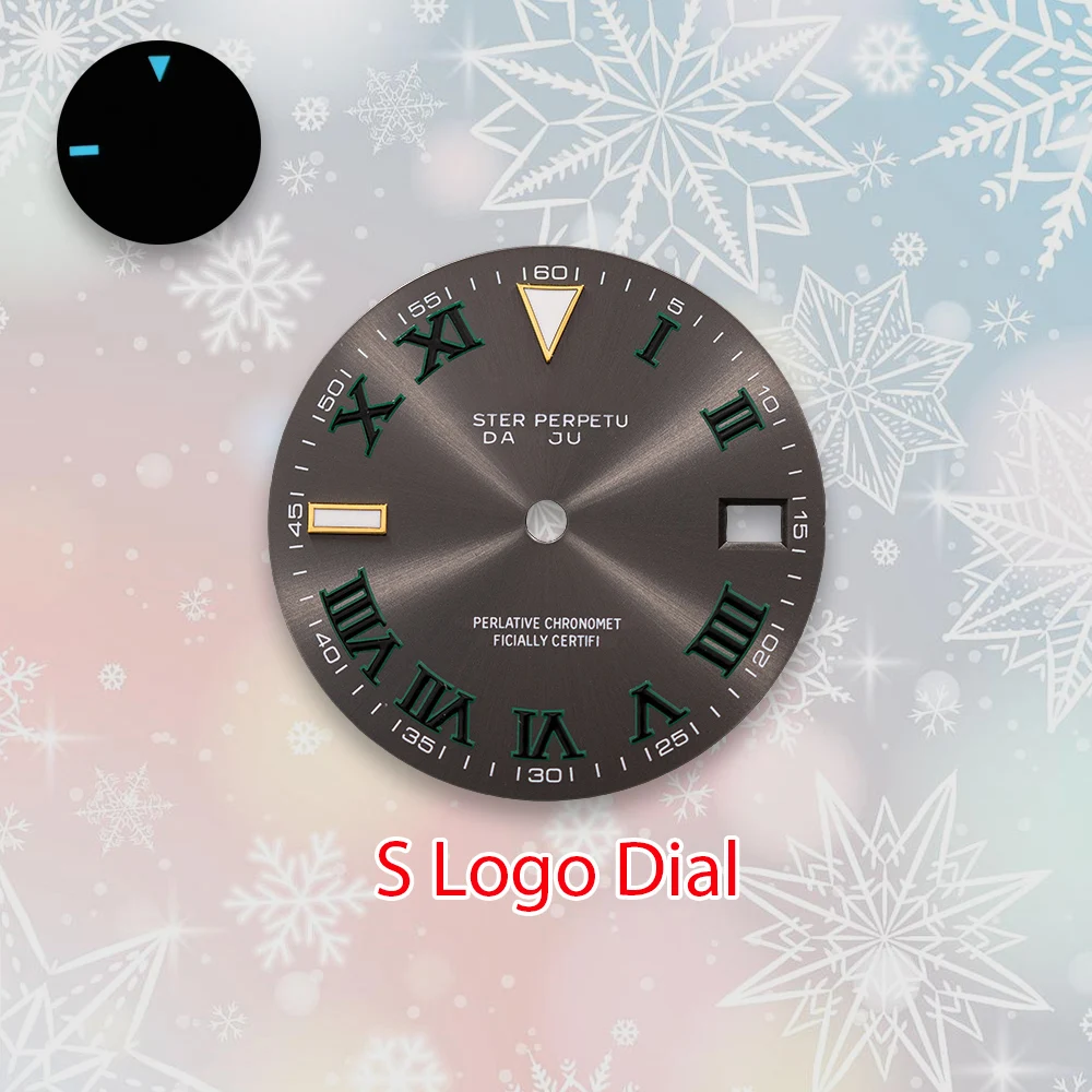 28.5mm S Logo Roman num Dial Hands Fit NH35/NH36/4R Automatic Movement Ice Blue Luminous Watch Modification Accessories