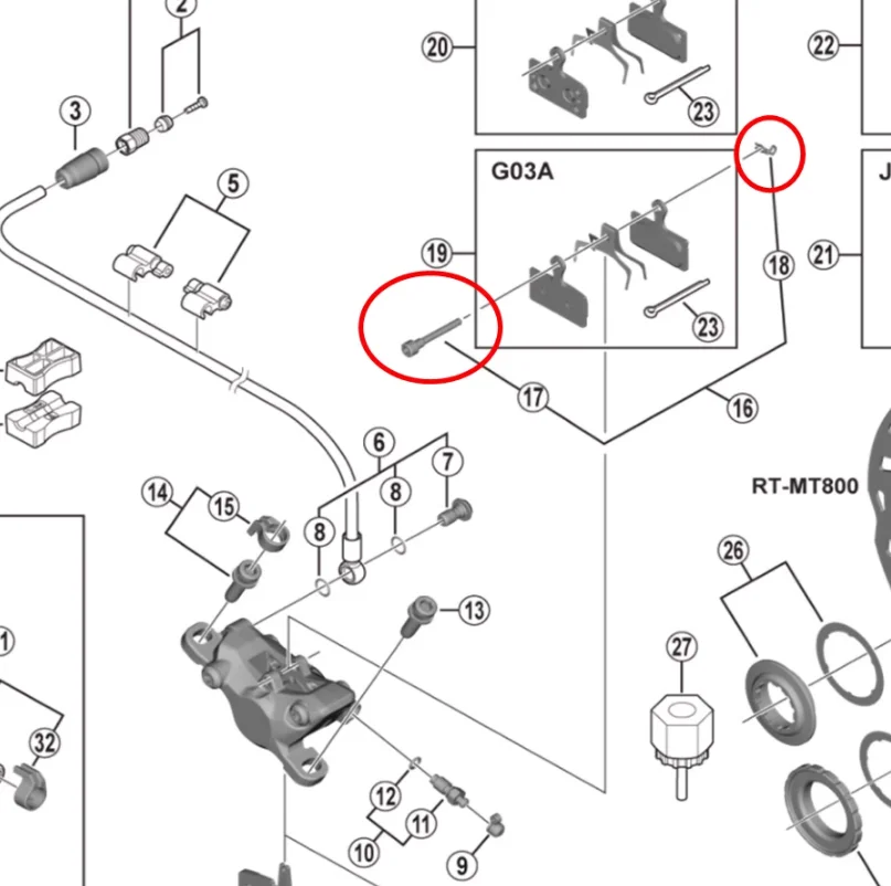 Shimano Brake Pad Axle and Snap Ring Retaining Bolt XT XTR 105 BR-R7070/R8070 M820 Y2GM98020 Y8J798060 Y8JZ98010