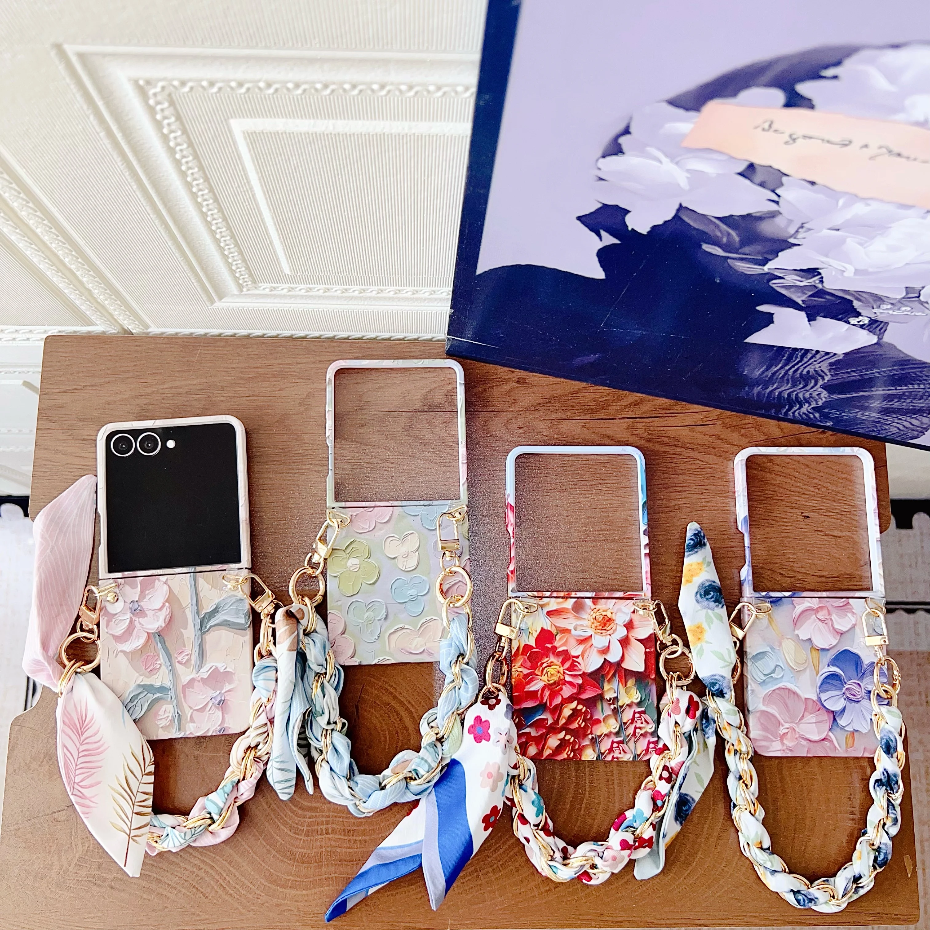 

Back Cover For Samsung Galaxy Z Flip 7 6 5 4 Case Relief Watercolor Flowers Camellia Silk Scarf Bracelet Chain Hard PC Cover