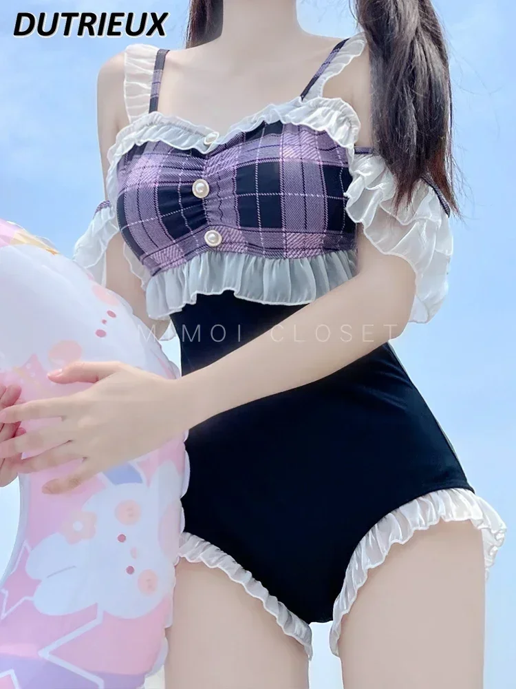 

Summer New Lolita Pure Desire Style Sleeveless Swimsuit with Shoulder Straps Sweet Cute Plaid One-Piece Hot Spring Bathing Suit